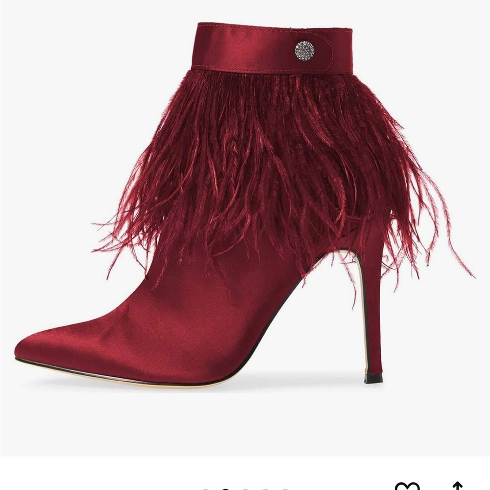 Maroon Fluffy Feather Tassel Ankle Pointed Toe 4-5in heel satin booties.